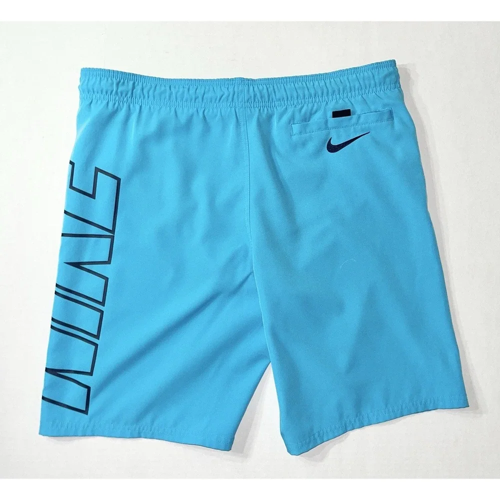 Nike Swim Trunks Men's Small Blue Logo Spellout Vacation Built In Briefs Pockets
